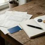 Ein neutraler Arbeitstisch mit Bankunterlagen, Zahlungskarte und geschlossenem Notizbuch