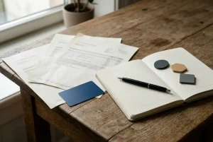Ein neutraler Arbeitstisch mit Bankunterlagen, Zahlungskarte und geschlossenem Notizbuch