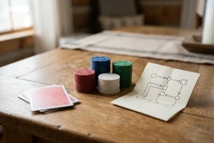 Neutrale Spielchips und Papierkarten mit abstraktem Rechenschema auf einem Holztisch