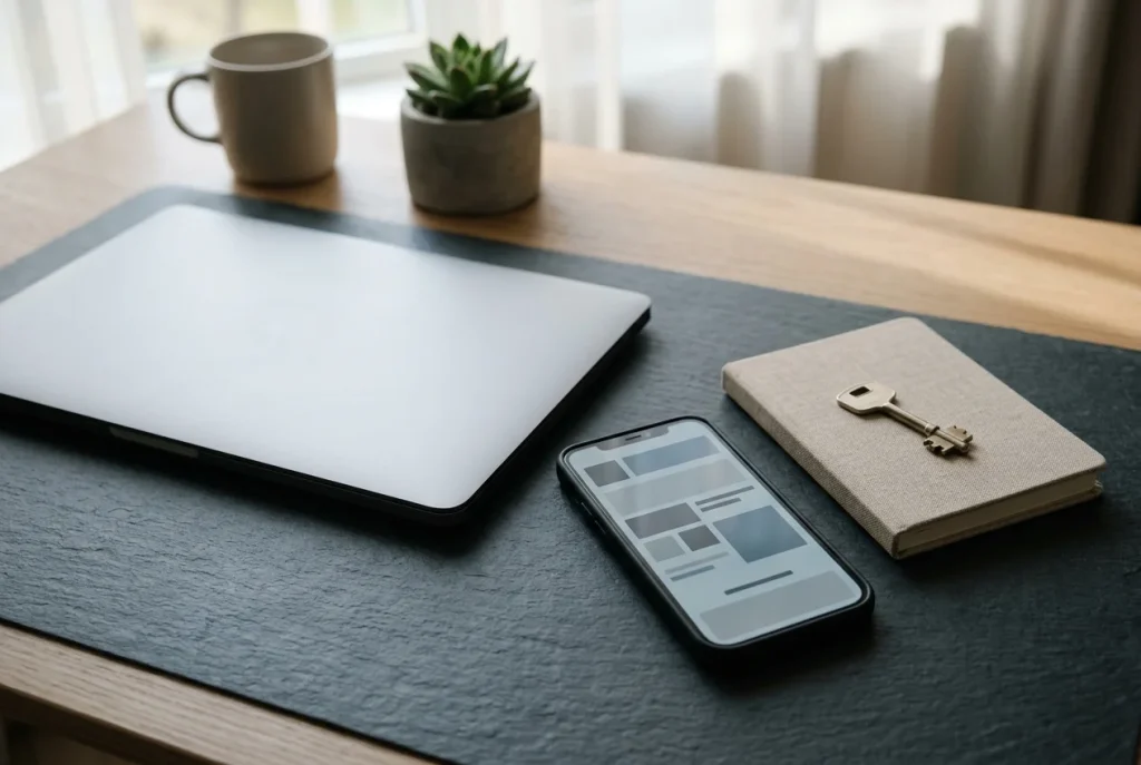 Notizbuch und Smartphone neben einem geschlossenen Laptop auf einem ruhigen Schreibtisch