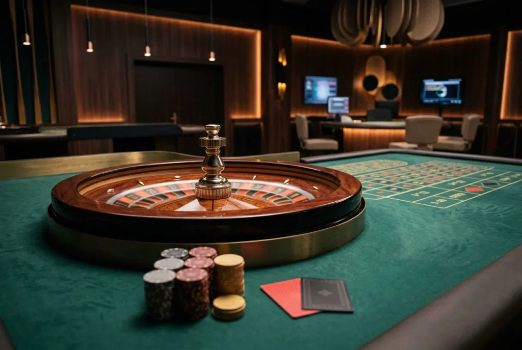 Roulettetisch in einem ruhigen, neutral beleuchteten Studio mit Karten und Spielchips