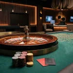 Roulettetisch in einem ruhigen, neutral beleuchteten Studio mit Karten und Spielchips