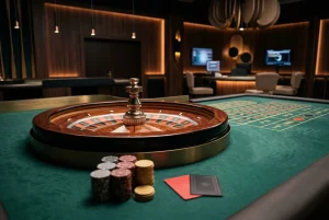 Roulettetisch in einem ruhigen, neutral beleuchteten Studio mit Karten und Spielchips