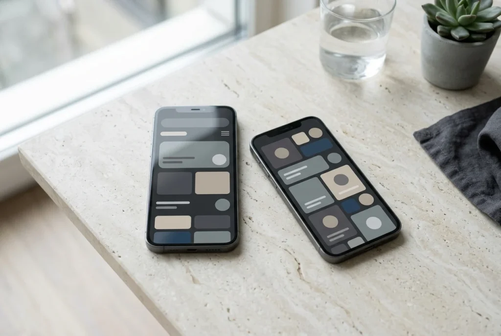 Zwei Smartphones mit abstrakten geometrischen Bildschirmfeldern auf einem hellen Tisch