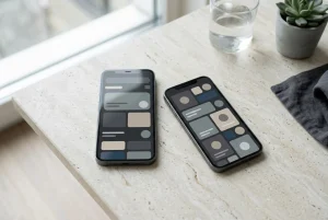 Zwei Smartphones mit abstrakten geometrischen Bildschirmfeldern auf einem hellen Tisch