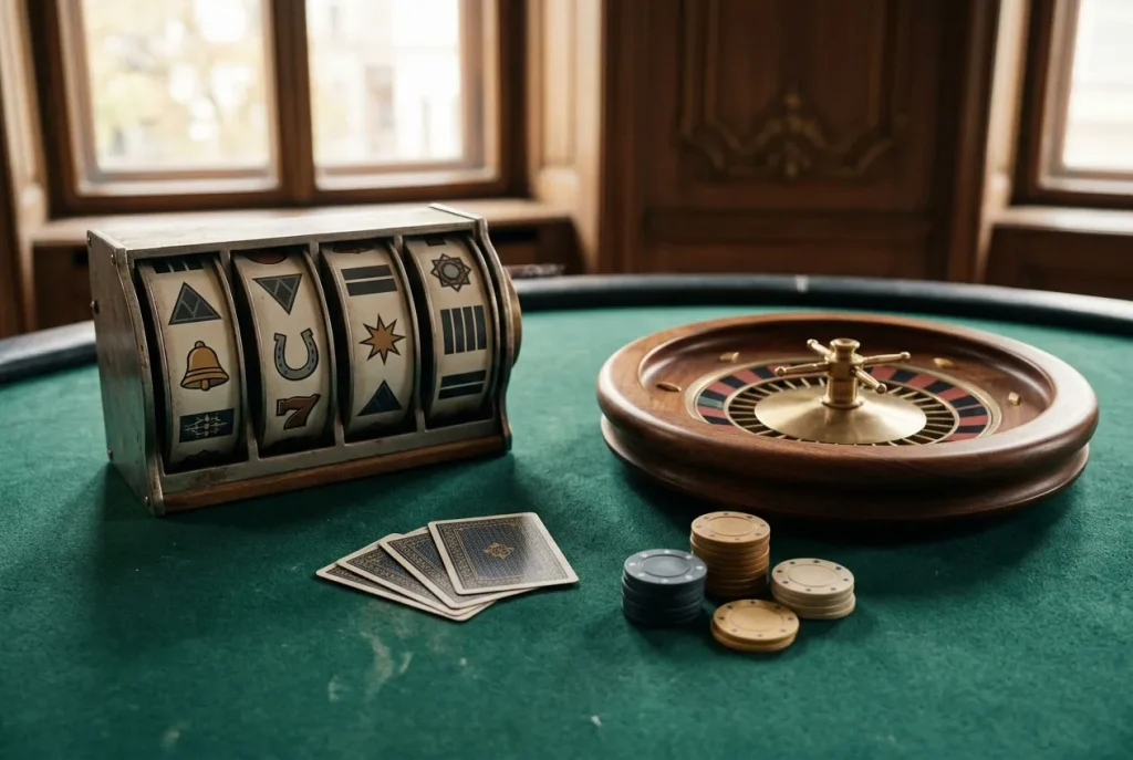 Abstrakte Spielwalzen, Karten und ein neutraler Roulettetisch in einer ruhigen Collage
